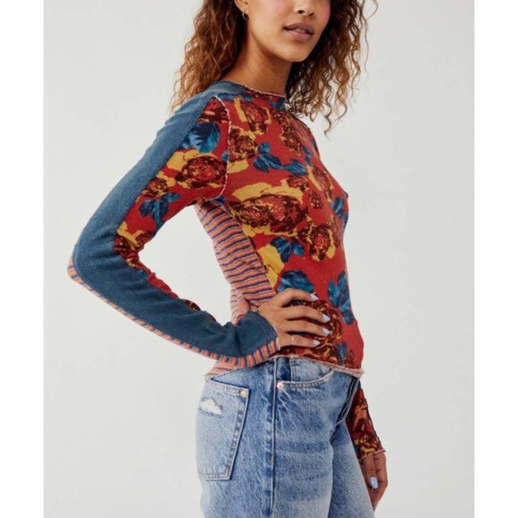 Free People Tops - Free People Mash Up Tee Long Sleeve XL Red Combo Floral Stripe Patchwork Top